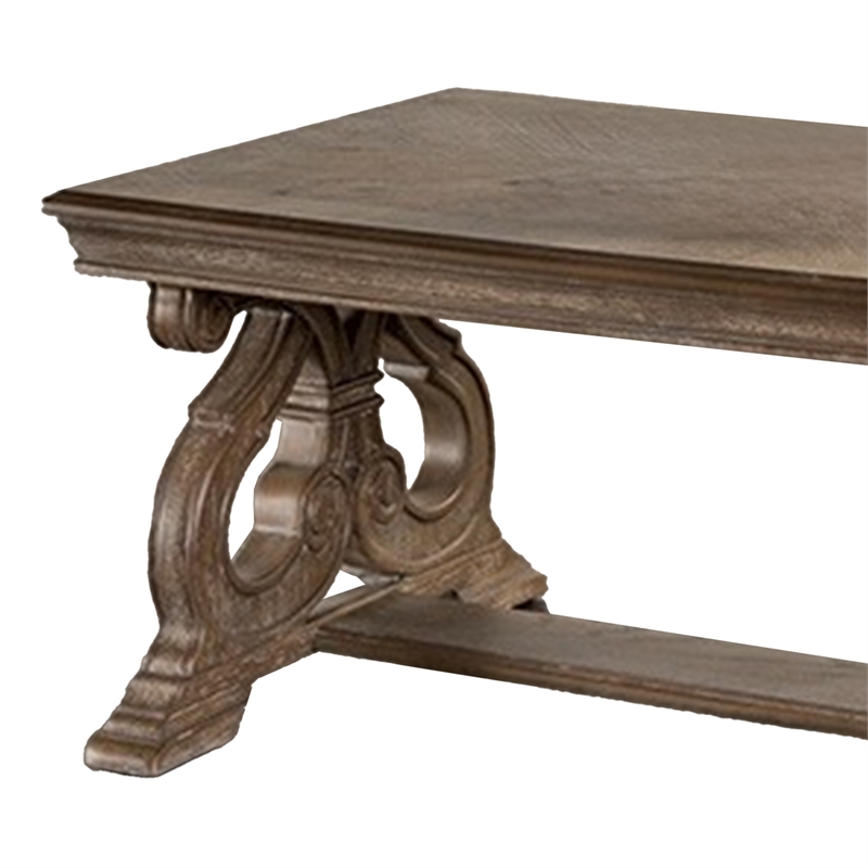 Gia Coffee Table- 52 Inch Rectangular Top- Carved Details- Brown Solid Wood