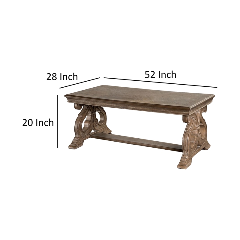Gia Coffee Table- 52 Inch Rectangular Top- Carved Details- Brown Solid Wood