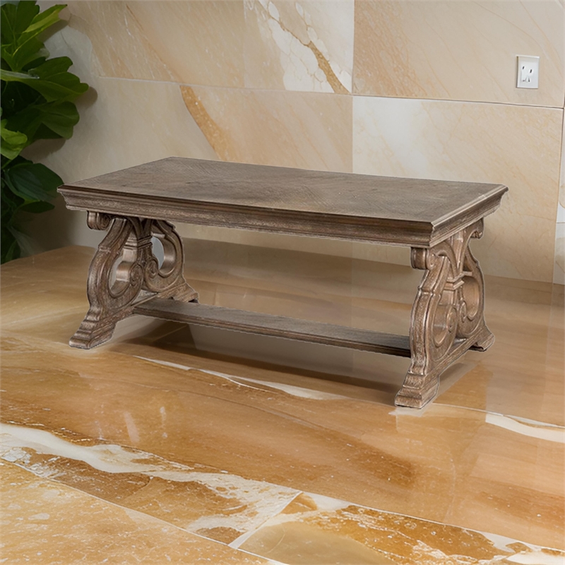 Gia Coffee Table- 52 Inch Rectangular Top- Carved Details- Brown Solid Wood