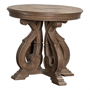Gia Side End Table- 27 Inch Round Top- Carved Details- Brown Solid Wood