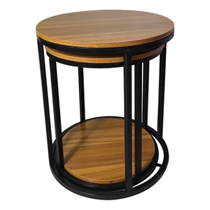 Molly Nesting Table Set of 2- Round Brown Solid Wood Top- Black Metal Frame