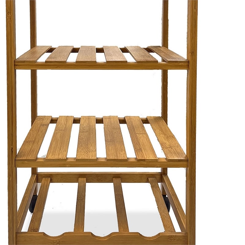 Harry Kitchen Bar Cart- 1 Drawer- 3 Shelves- Brown Bamboo- Rolling Wheels