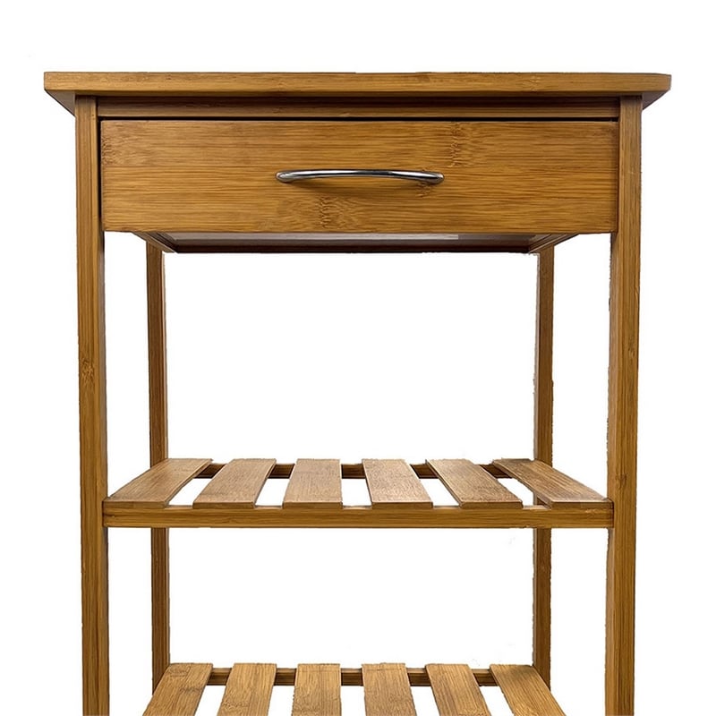Harry Kitchen Bar Cart- 1 Drawer- 3 Shelves- Brown Bamboo- Rolling Wheels