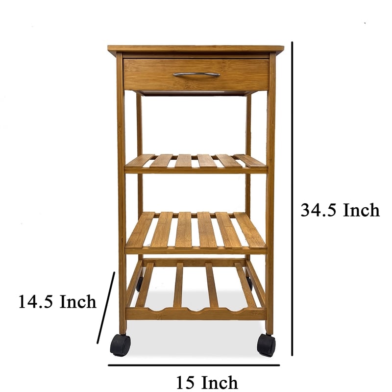 Harry Kitchen Bar Cart- 1 Drawer- 3 Shelves- Brown Bamboo- Rolling Wheels