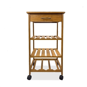 Harry Kitchen Bar Cart- 1 Drawer- 3 Shelves- Brown Bamboo- Rolling Wheels