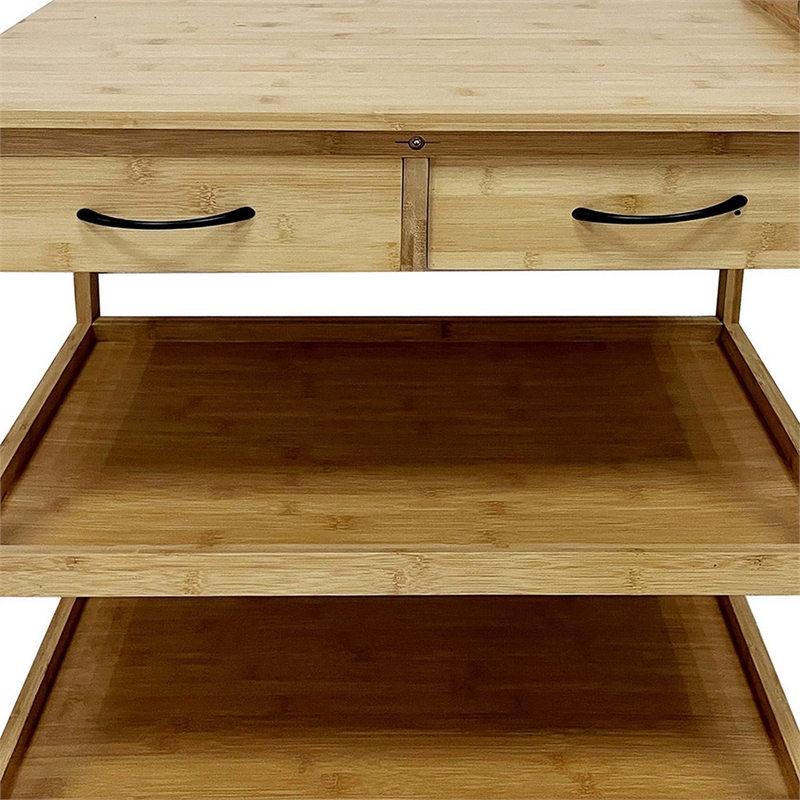 Walter Kitchen Bar Cart- 2 Drawers- 2 Shelves- Brown Bamboo- Rolling Wheels