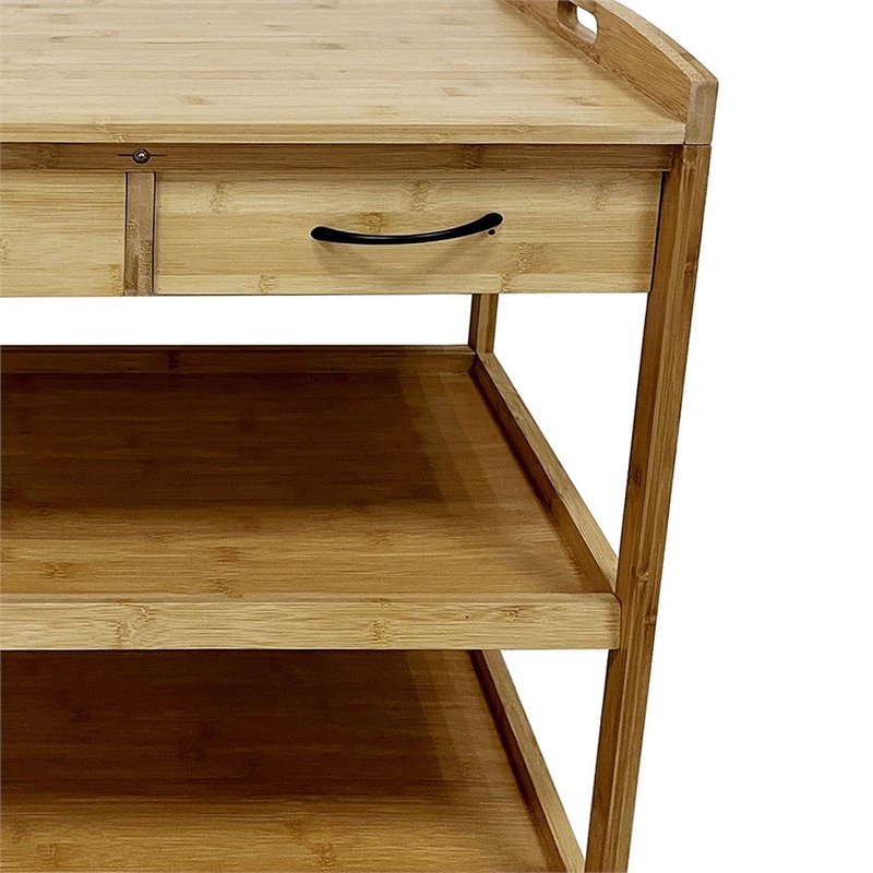 Walter Kitchen Bar Cart- 2 Drawers- 2 Shelves- Brown Bamboo- Rolling Wheels