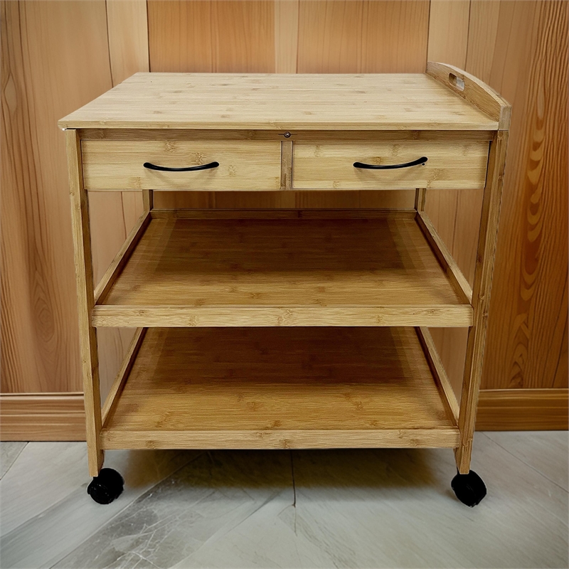 Walter Kitchen Bar Cart- 2 Drawers- 2 Shelves- Brown Bamboo- Rolling Wheels