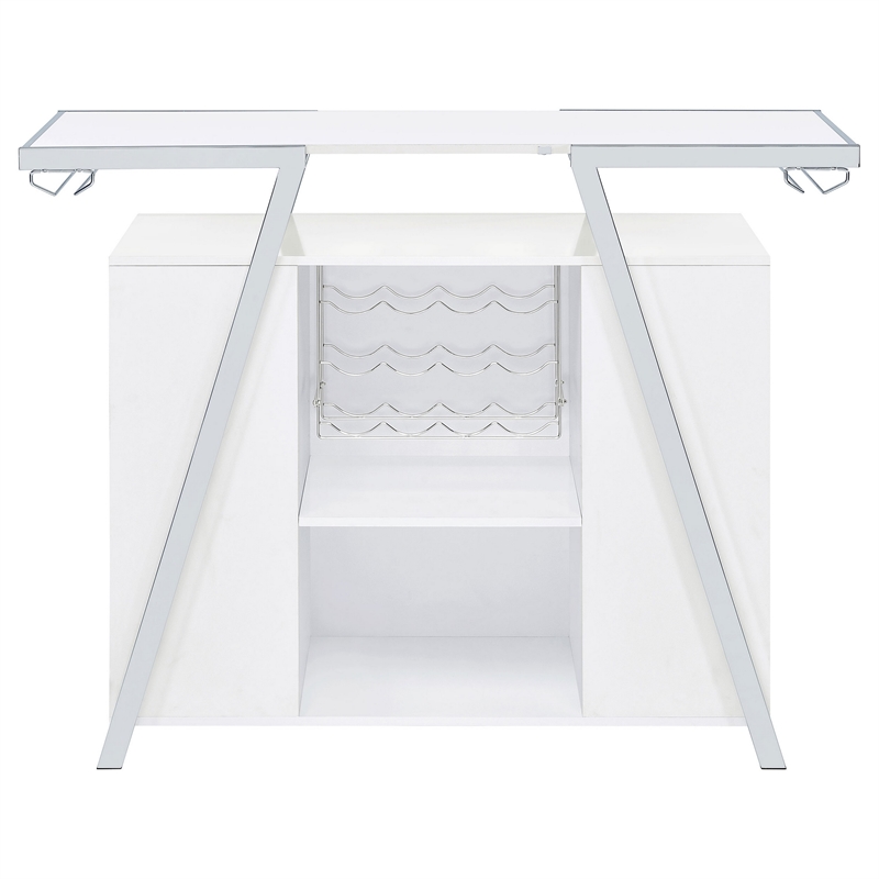 Leo 52 Inch Wine Bar Cabinet with Storage- Shelves- White- Chrome Steel