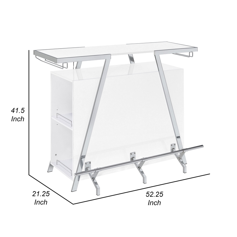 Leo 52 Inch Wine Bar Cabinet with Storage- Shelves- White- Chrome Steel