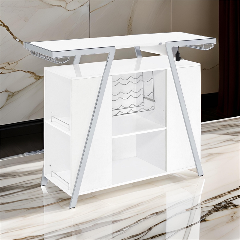 Leo 52 Inch Wine Bar Cabinet with Storage- Shelves- White- Chrome Steel