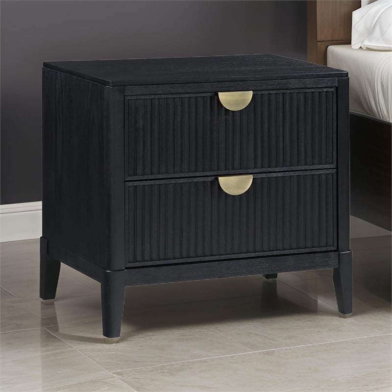 Jack Nightstand- 2 Drawers- Gold Metal Handles- Wire Brushed Black Wood