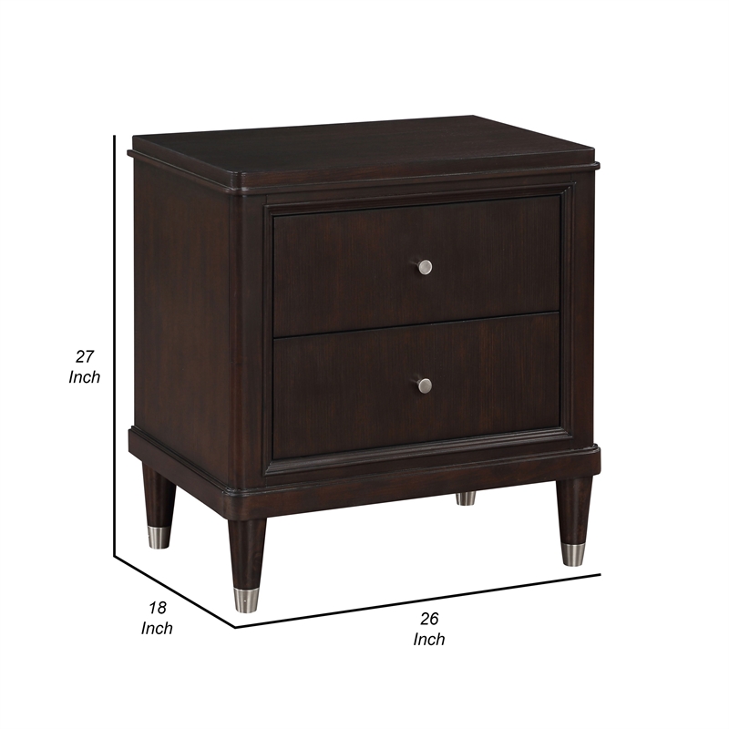 Amber Nightstand- 2 Drawers- Round Metal Knobs- Tapered Legs- Brown Wood