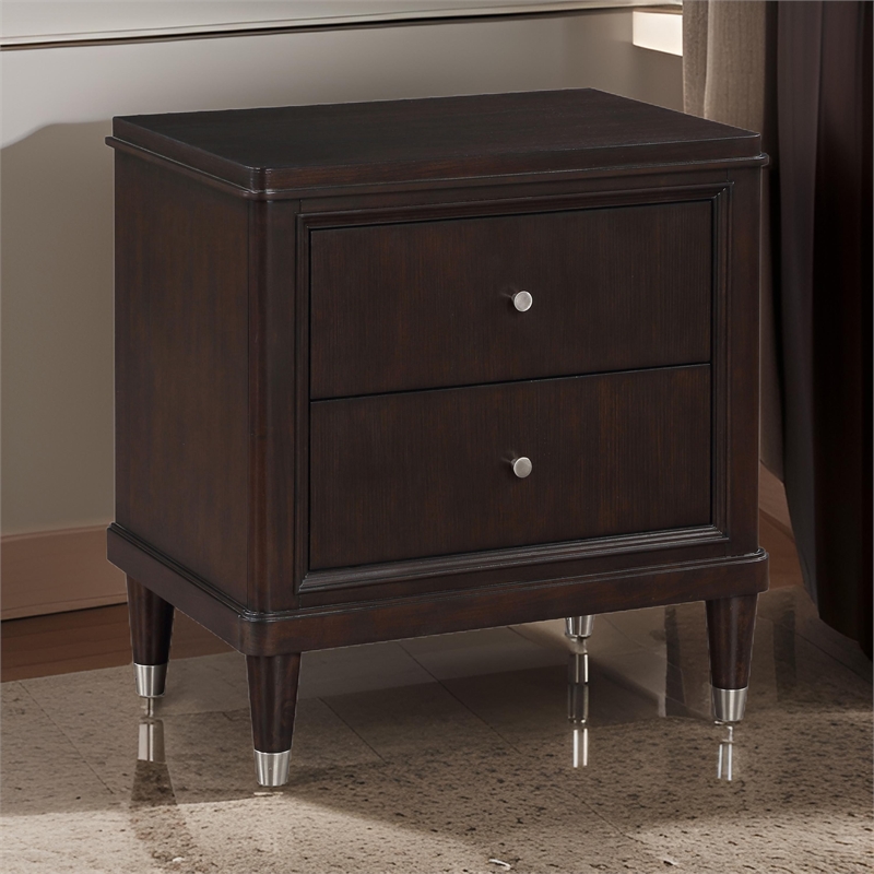 Amber Nightstand- 2 Drawers- Round Metal Knobs- Tapered Legs- Brown Wood