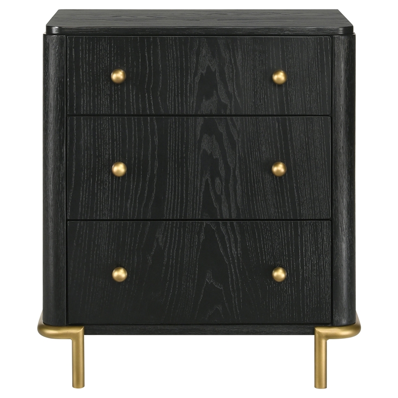 Fij Nightstand- 3 Drawers- USB Port- Golden Metal Legs- Knobs- Black Wood