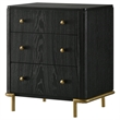 Fij Nightstand- 3 Drawers- USB Port- Golden Metal Legs- Knobs- Black Wood