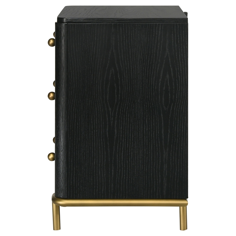 Fij Nightstand- 3 Drawers- USB Port- Golden Metal Legs- Knobs- Black Wood