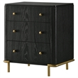 Fij Nightstand- 3 Drawers- USB Port- Golden Metal Legs- Knobs- Black Wood