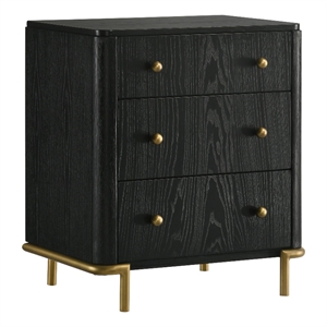 Fij Nightstand- 3 Drawers- USB Port- Golden Metal Legs- Knobs- Black Wood
