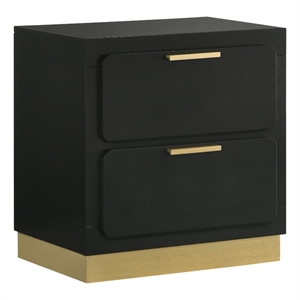 Caer Nightstand- 2 Drawers- Gold Accent Recessed Base- Bar Handles- Black