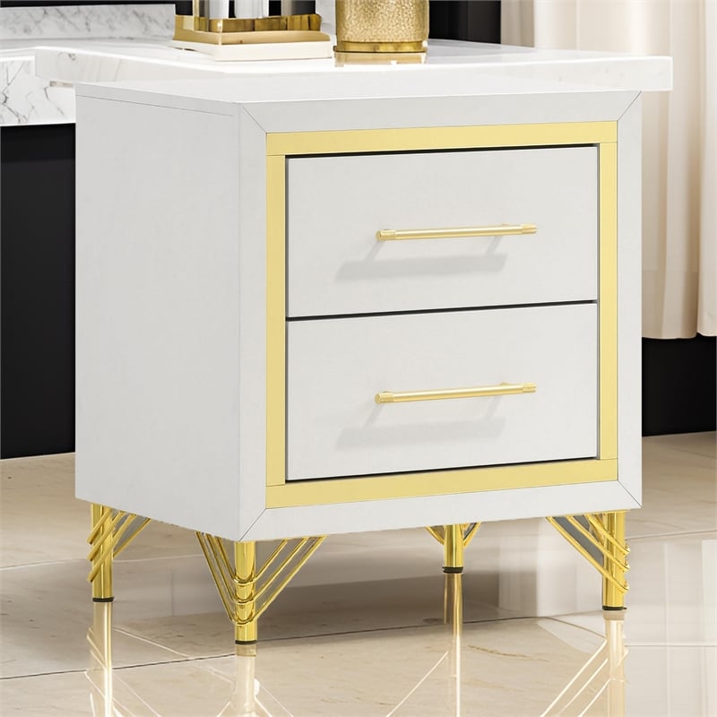 Jenny Nightstand- 2 Drawers- Hairpin Style Legs in Gold- Bar Handles- White