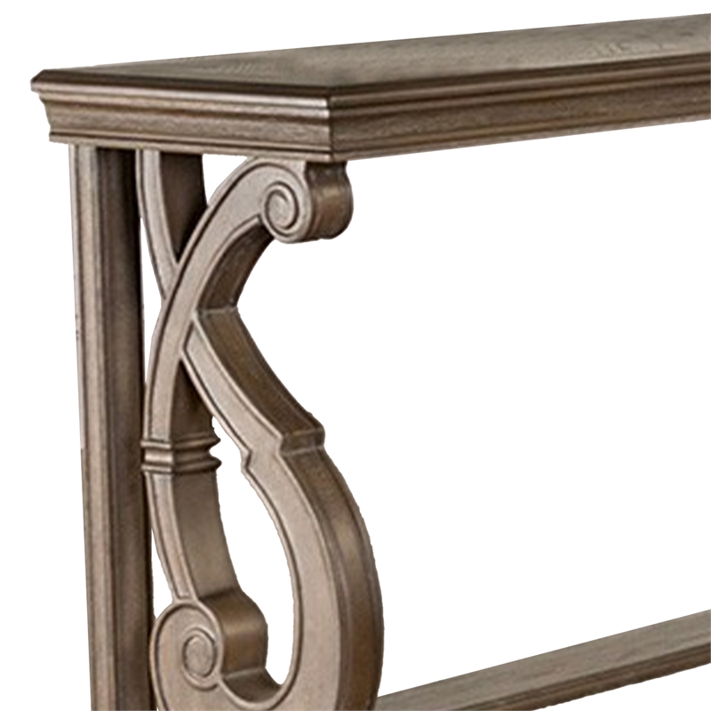 Gia Sofa Table- 50 Inch Rectangular- Carved Details- Brown Solid Wood