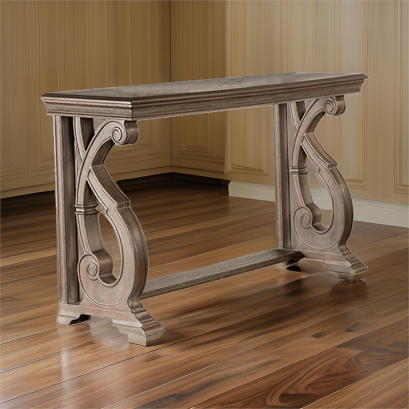 Gia Sofa Table- 50 Inch Rectangular- Carved Details- Brown Solid Wood