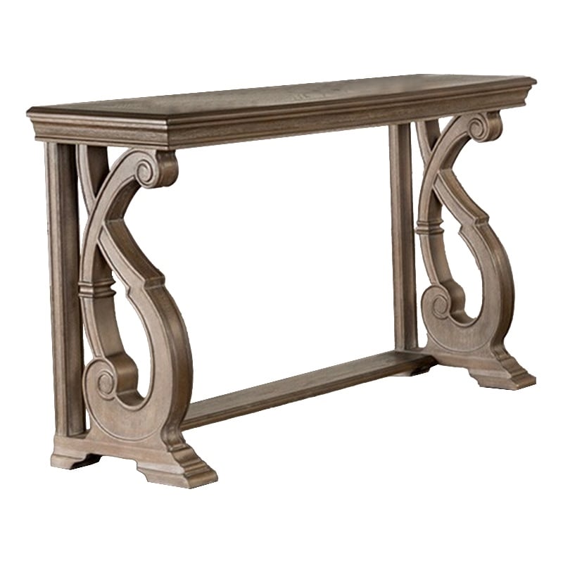 Gia Sofa Table- 50 Inch Rectangular- Carved Details- Brown Solid Wood