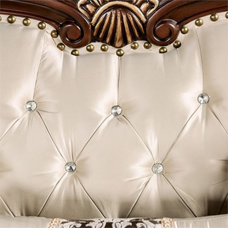 Catie Accent Chair- Beige Rolled Arms- Nailhead- Cherry Brown Solid Wood