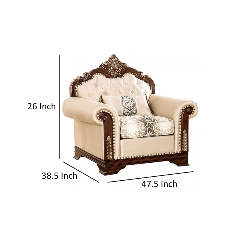 Catie Accent Chair- Beige Rolled Arms- Nailhead- Cherry Brown Solid Wood