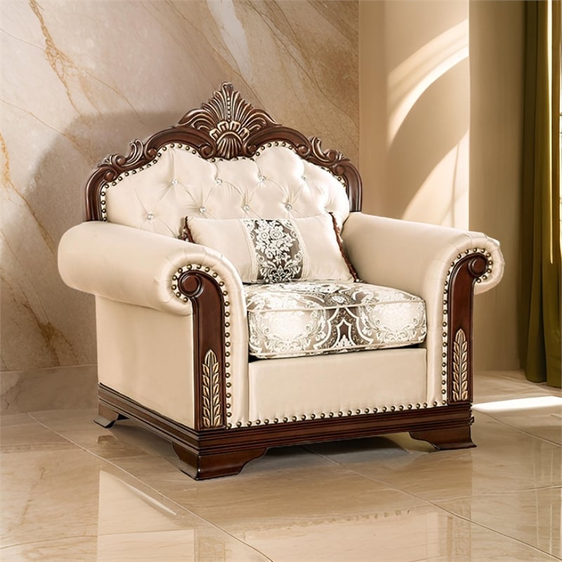 Catie Accent Chair- Beige Rolled Arms- Nailhead- Cherry Brown Solid Wood