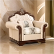 Catie Accent Chair- Beige Rolled Arms- Nailhead- Cherry Brown Solid Wood
