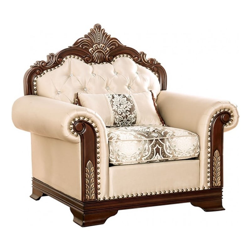 Catie Accent Chair- Beige Rolled Arms- Nailhead- Cherry Brown Solid Wood