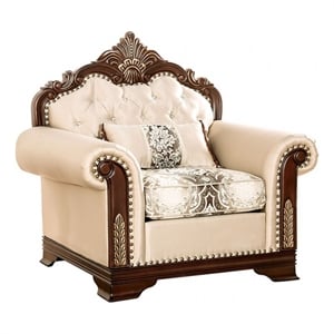 Catie Accent Chair- Beige Rolled Arms- Nailhead- Cherry Brown Solid Wood