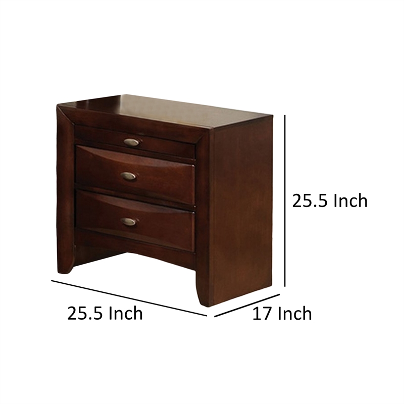 Simo Nightstand- Spacious Top- Nickel- 3 Drawers- Cherry Brown Solid Wood