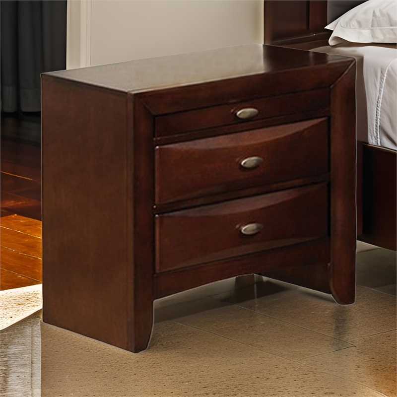 Simo Nightstand- Spacious Top- Nickel- 3 Drawers- Cherry Brown Solid Wood