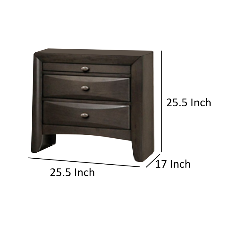 Simo Nightstand- Spacious Top- Metal Knobs- 3 Drawers- Gray Solid Wood