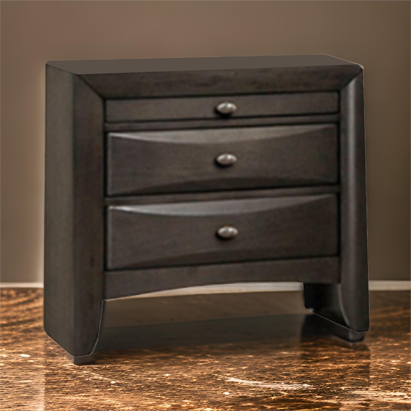 Simo Nightstand- Spacious Top- Metal Knobs- 3 Drawers- Gray Solid Wood