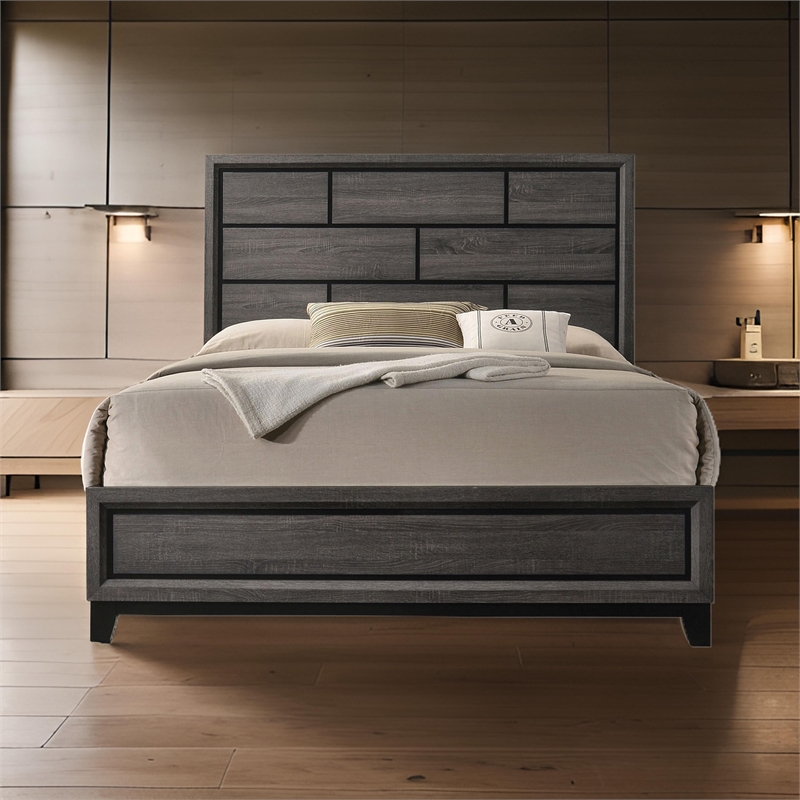 Erica Queen Size Bed- Gray- Black Wood Finish- Panel Style Headboard
