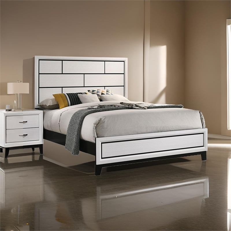 Erica Queen Size Bed- White and Black Wood Finish- Panel Style Headboard