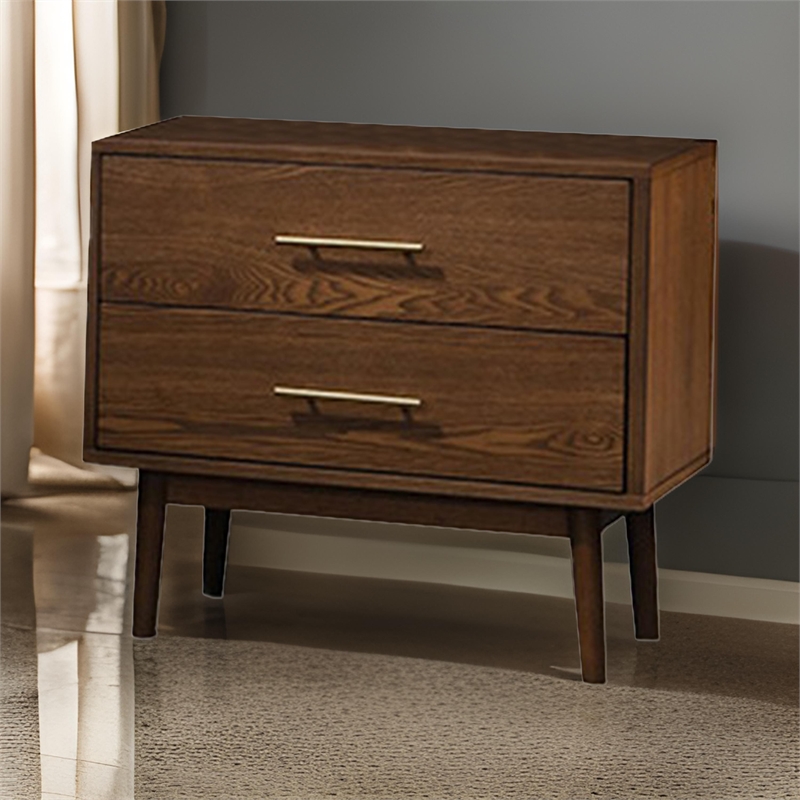 Roma Nightstand- 2 Drawers- Nickel Bar Handles- Walnut Brown Solid Wood