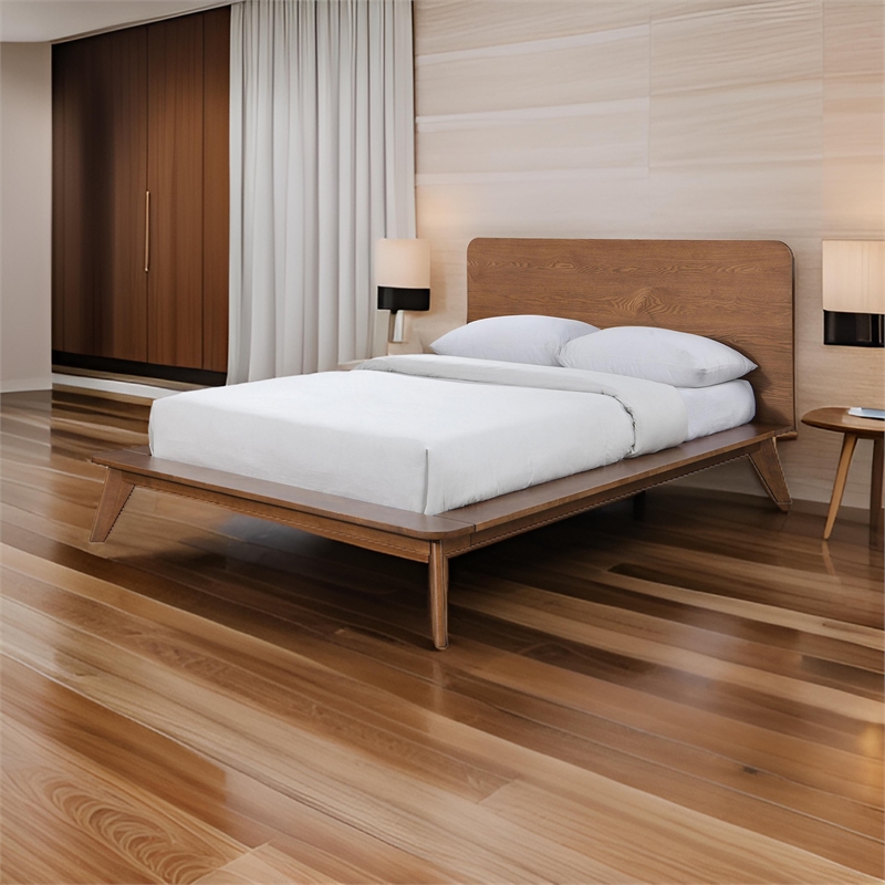 Stacy Queen Size Platform Bed- Panel Headboard- Walnut Brown Solid Wood