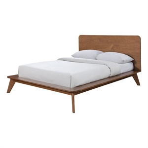 Stacy Queen Size Platform Bed- Panel Headboard- Walnut Brown Solid Wood