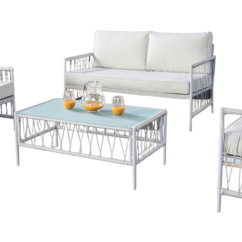 Hema 4 Piece Patio Set with 2 Chairs- Table- and Sofa- White Fabric- Metal