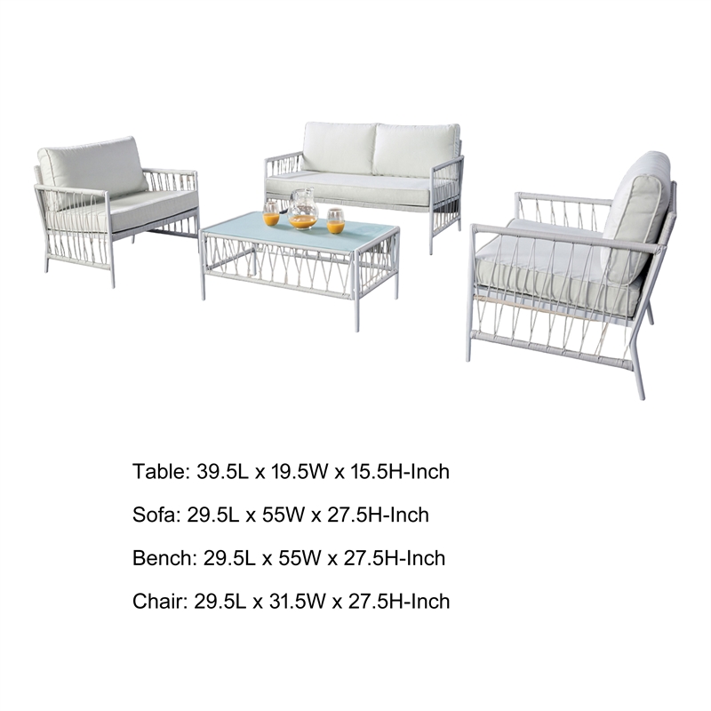 Hema 4 Piece Patio Set with 2 Chairs- Table- and Sofa- White Fabric- Metal