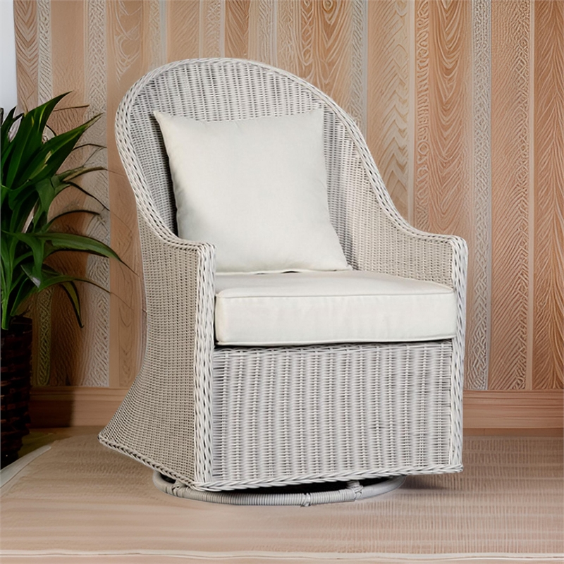 Tomo Outdoor Swivel Chair- Wingback Design- White Fabric- Wicker Rattan