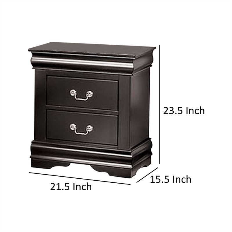 Ryla Nightstand- 2 Drawers- Black Solid Wood- Nickel Metal Drop Handles