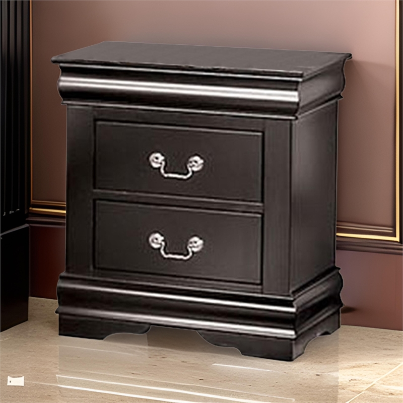 Ryla Nightstand- 2 Drawers- Black Solid Wood- Nickel Metal Drop Handles