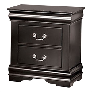 Ryla Nightstand- 2 Drawers- Black Solid Wood- Nickel Metal Drop Handles