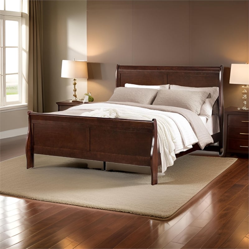 Ryla Twin Size Bed- Sleigh Panel Headboard- Dark Cherry Brown Solid Wood